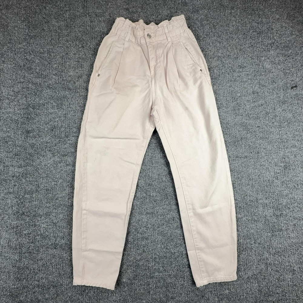 Zara‎ Pants Womens 0 Pink Paperbag Twill Elastic Waist Crop Pleated Casual